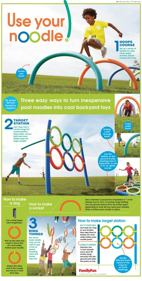 The warm weather is HERE and it is the Season that everyone spends much more time outdoors.  So I thought it was the perfect time for 15 Ingenious DIY Outdoor Games The Kids Will Flip For and may I add Adults also!  Who doesn’t love to play games.  You won’t be spending tons of money … Field Day Obstacle Course, Pool Noodle Obstacle Course Ideas, Pool Noodle Obstacle Course, Diy Outdoor Games, Field Day Games, Family Games Outdoor, Kids Obstacle Course, Backyard Toys, Outside Games