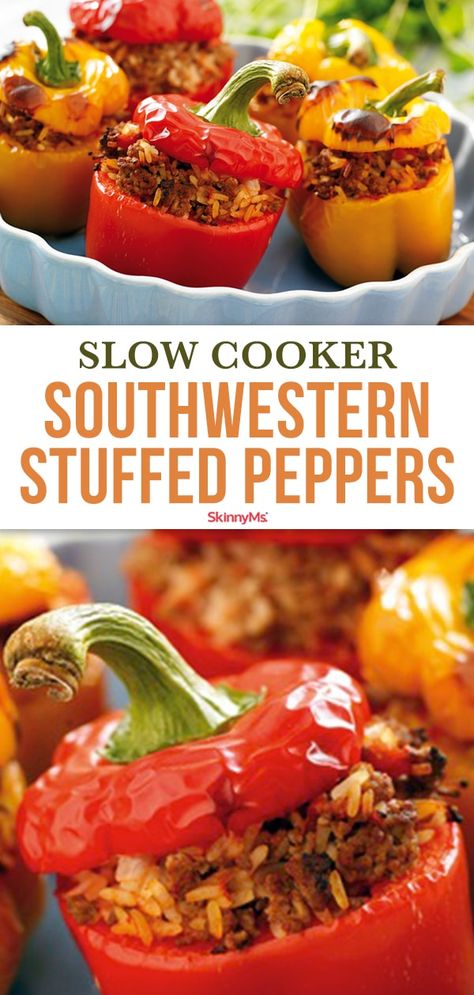 Slow Cooker Southwestern Stuffed Peppers Southwest Chicken Stuffed Peppers, Taco Stuffed Peppers Crockpot, Southwest Stuffed Bell Peppers, Stuffed Peppers Crockpot, Rice Beans Corn, Southwest Stuffed Peppers, Stuffed Peppers With Rice, Crockpot Stuffed Peppers, Slow Cooker Stuffed Peppers