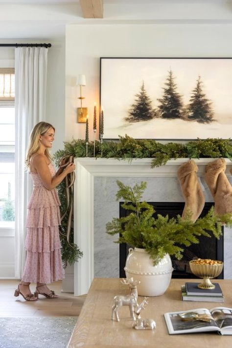 Team Picks From Brooke & Lou's Holiday Collection | Bria Hammel Interiors Classic Simple Christmas Decor, Back Of Chair Christmas Decor, Simple Christmas Mantle Decor, European Christmas Decor, Subtle Christmas Decor, Fireplace Garland Christmas, Christmas Decor For Living Room, Mantle Christmas Decor Ideas, Cypress Garland