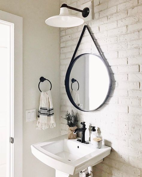 Powder Rooms Ideas, Bathroom Lighting Over Mirror, Brick Bathroom, Vintage Sink, Interior Decorating Tips, Rooms Ideas, Powder Rooms, Trendy Bathroom, White Brick