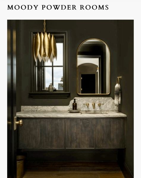 Stunning Half Bathrooms, Fun Restaurant Bathrooms, Brass Mirror Bathroom, Powder Room Ideas, Bone Inlay Mirror, Wavy Mirror, Gold Framed Mirror, Wall Mounted Sink, Arched Mirror