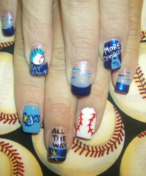 #TB #TampaBayRays #nails #hairandnailsbypiper #morecowbell #rayhawk Tampa Bay Rays Nails, Baseball Nails, Sports Nails, Rays Baseball, Nails Fun, Tampa Bay Rays, Cute Nail Designs, Love Nails, Tampa Bay