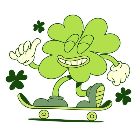 Clover in skate retro cartoon PNG Design Retro Character Design Illustration, Retro Cartoon Character Design, Retro Cartoon Illustration, Shamrock Cartoon, Vintage Cartoon Characters, Retro Cartoons Aesthetic, Retro Character Illustration, Retro Illustration Graphics, Clover Illustrations