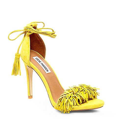 SASSEY: STEVE MADDEN Heels Orange, Dress Shoes Women, Fringe Shoes, Yellow Sunshine, Shoes Yellow, Yellow Sandals, Fashion Shoes Sandals, Fringe Sandals, Strappy Shoes