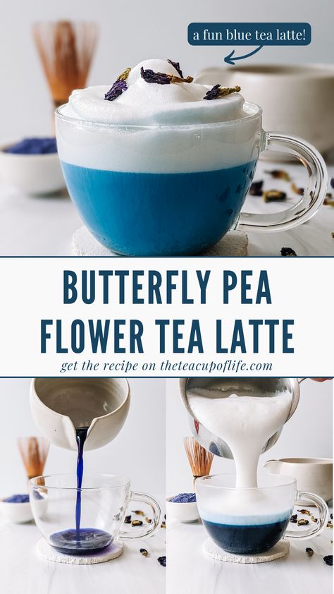 butterfly pea tea, blue tea latte, blue latte, butterfly pea flower Moon Milk Recipe, Blue Latte, Mixology Recipes, Pea Flower Tea, Butterfly Pea Flowers, Butterfly Pea Tea, Butterfly Pea Flower Tea, Tea Latte Recipe, Tea Drink Recipes