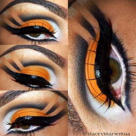 Tiger inspired makeup Diy Tiger Makeup Women, Bengals Makeup Looks, Bengal Tiger Face Paint, Tiger Eye Makeup Look, Cute Tiger Makeup, Tigger Make Up Halloween, Tiger Inspired Makeup, Toothless Makeup, Bengals Makeup