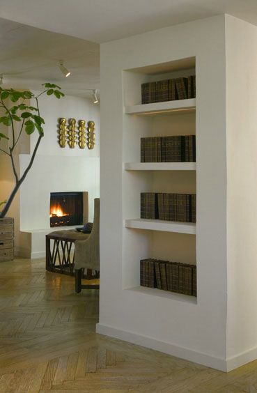 Built-ins. Cabinets into the wall Sunken Wall Shelves, Fireplace Recessed Shelves, Sunken Bookshelf, Sheetrock Shelves Built Ins, Recess Bookshelves, In The Wall Bookshelves, Support Column Ideas Living Room, Recessed Shelves Dining Room, Inset Shelves In Wall Living Room