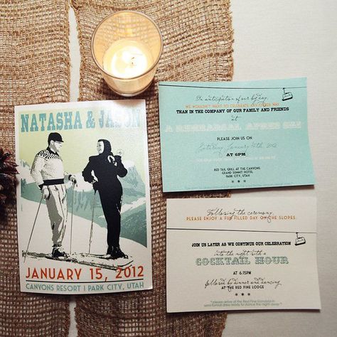 Ski Wedding Invitations, Ski Wedding, Park City Ut, Themed Wedding Invitations, Vintage Invitations, Inexpensive Wedding Venues, Park City Utah, Vintage Ski, Winter Party