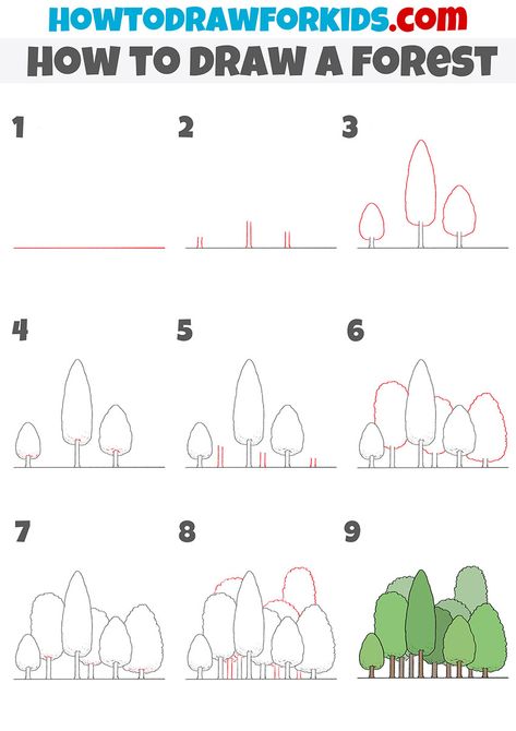 Drawing Ideas Forest Easy, Easy Forrest Drawing, How To Draw A Forest Easy, Easy Drawing Of Nature, Doodle Trees Easy, Forest Doodles Easy, How To Draw Trees Easy, How To Draw Bushes, How To Draw A Tree Easy