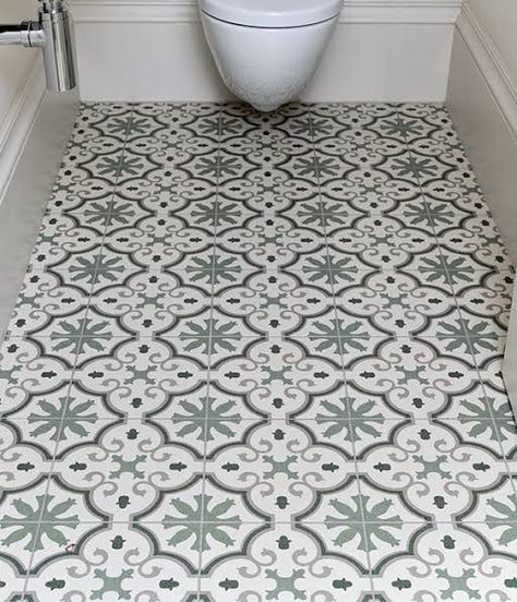 Green Moroccan Tile, Green Tile Floor, Patterned Bathroom Tiles, Small Toilet Room, Modern Color Schemes, Contemporary Color Palette, Satin Style, Patterned Floor Tiles, Toilet Room