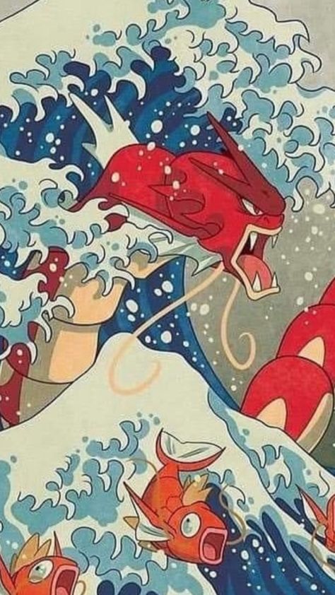 Shiny Gyarados, Pokemon Gyarados, The Great Wave, Great Wave, Pokemon, Japan, Red, Anime, Art