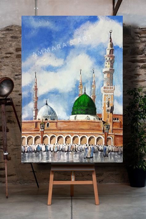 Madina Painting Canvas, Makkah Madina Painting, Madinah Drawing, Makkah Painting On Canvas, Makka Madina Painting, Madinah Painting, Makkah Art, Makkah Painting, Madina Painting