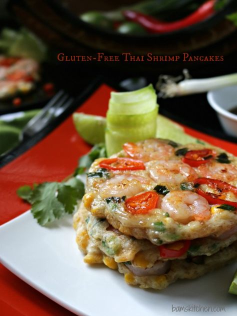 Gluten-Free Thai Shrimp Pancakes are savory pancakes with sweet succulent shrimp, ginger, scallions, chilis and a light and flavorful Thai Dipping sauce. #HWCMagazine #appetizer #Thairecipe #pancakes #thaifood #asianrecipe #glutenfree #eggfree #easyrecipe / https://www.hwcmagazine.com Shrimp Pancakes, Thai Dipping Sauce, Thai Shrimp, Savory Pancakes, Pancakes Healthy, Asian Cooking, Dipping Sauce, Seafood Recipes, Asian Recipes