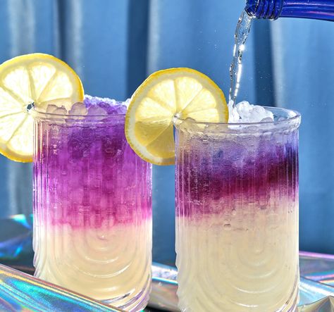 Galaxy Lemonade | Swerve Galaxy Drink, Galaxy Lemonade, Butterfly Pea Powder, Clean Drink, Icee Recipe, Sparkling Mineral Water, Recipe List, Lemon Syrup, Simple Syrup Recipes