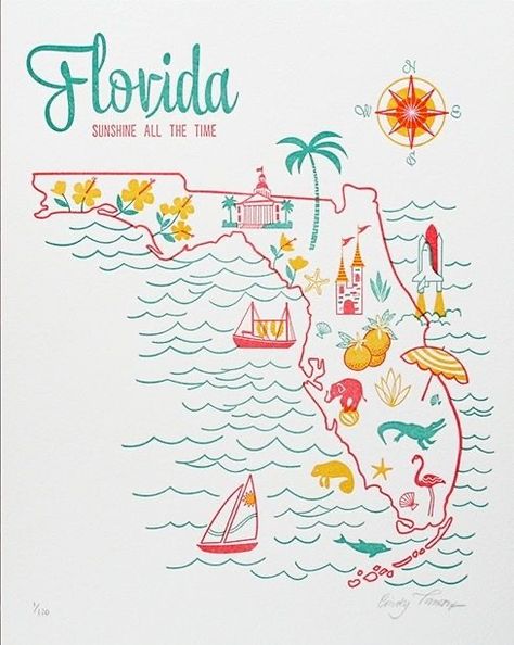 Paper Parasol, Florida Sunshine, Florida Art, Map Of Florida, Miami Art, Old Florida, Vintage Florida, State Of Florida, Illustrated Map