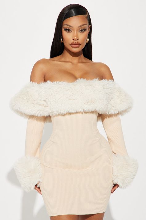 Maci Sweater Mini Dress - Beige | Fashion Nova, Dresses | Fashion Nova Dresses To Go Out, Birthday Fits Black Women Winter, Off Shoulder Dress Winter, Winter Birthday Dress Women, Cute Dresses Long Sleeve, Cold Birthday Outfit, Winter Bday Outfit Women, Hot Christmas Outfits, Birthday Winter Outfit