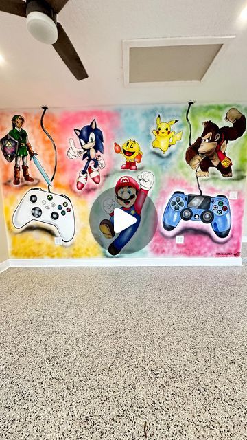 David Blanch on Instagram: "New Mural Alert!! Transformed this #airbnb #gameroom into a super rad place to play in two days…this is the second mural for these clients and I’m super grateful to bring some awesomeness into the gaming room for future families to enjoy 🙏🏻❤️🤘🏻 feel free to message me if interested in mural work… music by a band that’s about to take over the industry @nevertelofficial #mural #muralwork #muralpainting #game #gamer #mario #zelda #donkeykong #pikachu #pacman #games #spraypaint #artist #artwork #artoftheday #muralartist #blest" Gaming Room Mural, Nintendo Room, Arcade Room, Paint Games, Work Music, Air B And B, Traditional Games, Gaming Room, Mural Painting