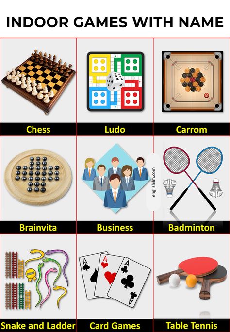 Indoor Games Pictures, Indoor Games Names, Animals Name In English, Types Of Games, Grammar For Kids, Info Board, Indoor Games For Kids, Learning English For Kids, English Games