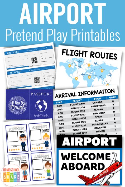 Airport Dramatic Play (free printables!) - Homeschool Share Dramatic Play Area Ideas, Dramatic Play School, Preschool Travel Activities, Pilot Activities For Preschool, Airport Theme Preschool, Airplane Preschool, Around The World Dramatic Play, Airport Activities For Preschool, Travel Dramatic Play