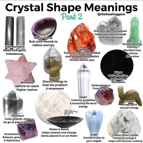 The Healing Gem | Crystal Shop on Instagram: “Crystal Shape Meanings Part 2!! I read through your comments and questions about other shapes and decided to put them together. 💕🥳 Hope…” Gem Meanings, Crystal Meanings Charts, Gemstones Chart, Crystal Healing Chart, Shape Meaning, Crystal Guide, Spiritual Crystals, Crystal Therapy, Witchy Stuff