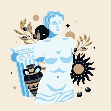 Ancient Statue Art Composition Gods Illustration, Statue Illustration, Venus Sculpture, Sculpture Collage, Venus Images, Wooden Arrow Sign, Greek Symbols, Wreath Vector, Greek Decor