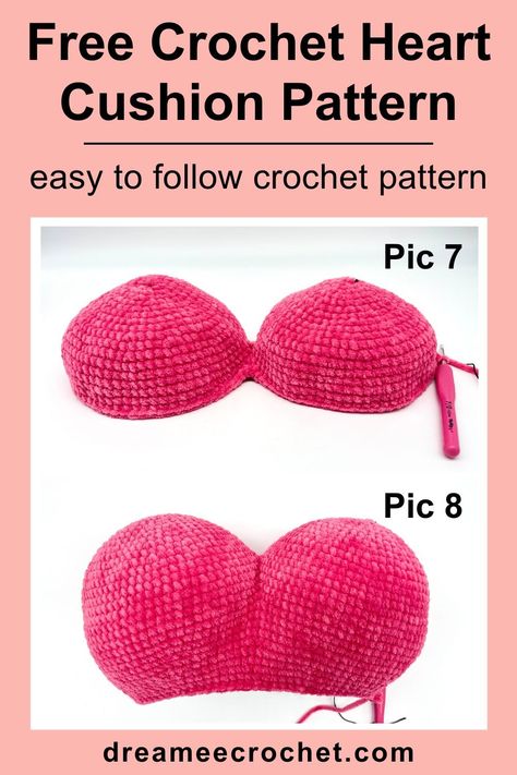 Valentine's Day is just around the corner, and if you're struggling to find the perfect gift for your loved one, I have just the thing for you! With this free crochet heart pillow pattern, you can create a super soft and cuddly handmade gift that your significant other will cherish for years to come. Free crochet heart cushion pattern. Visit www.dreameecrochet.com for more patterns and video tutorials you'll love! #crochetprojects #crochettechniques #crochetpatterns #crochet #crochetheart Crochet Heart Cushion, Crochet Heart Pillow Pattern, Heart Pillow Pattern, Crochet Heart Pillow, Diy Crochet Hook, Cup Cozy Crochet Pattern, Crochet Pillow Patterns Free, Crochet Cushion Pattern, Heart Cushion