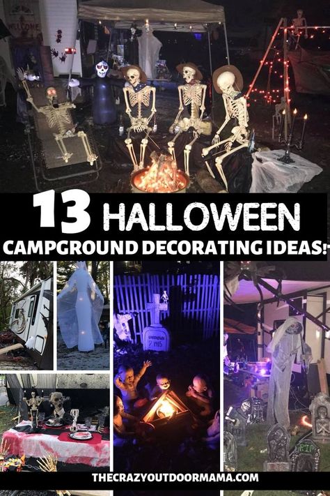 Make your RV camp the scariest this Halloween with these 13 spooky ideas! Zombies, ghosts, and spider infested campers are just the start of these halloween displays! Halloween Outside Theme Ideas, Halloween Outdoor Display Ideas, Best Outdoor Halloween Displays, Trailer Halloween Decor, Outdoor Halloween Scene Ideas, Halloween Theme Yard Decor, Halloween Outdoor Theme Ideas, Halloween Themes For Camping, Halloween Themes Outdoor