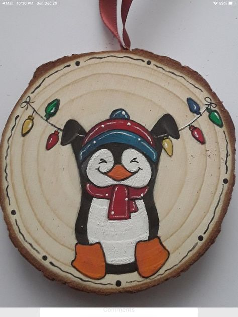 Homemade Wood Christmas Ornaments, Gingerbread Wood Slice Ornament, Penguin Wood Slice Ornament, Christmas Tree Trunk Ideas Wood Slices, Painting Wood Ornaments Diy, Cute Painted Ornaments, Hand Painted Wood Ornaments Ideas, Painted Wood Slices Christmas, Christmas Ornaments Homemade Painted