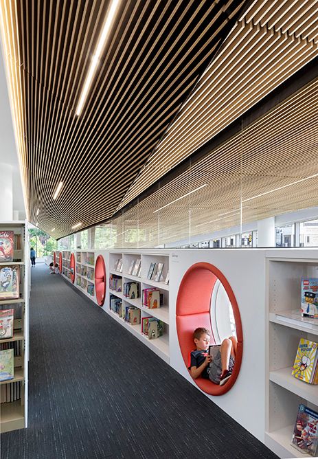 Innovative Library Design, Commercial Library Design, Cool Library Ideas, Modern Library Design Interiors, Cool Library Design, Elementary Library Design, Library Architecture Concept, Public Library Interior Design, Library Ceiling Design