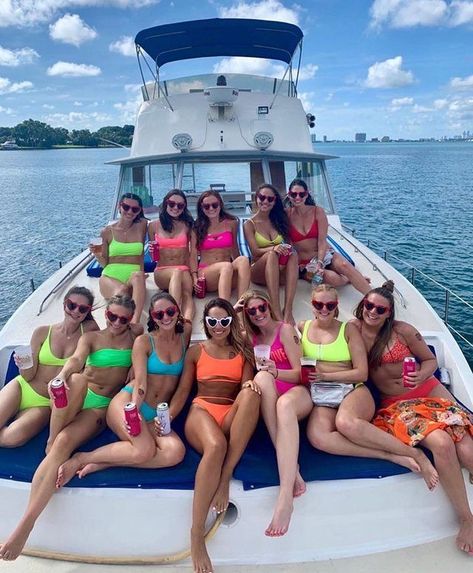 Boat Bachelorette Party, Neon Pool Parties, Boat Party Outfit, Barbie Bachelorette, Bachelorette Pool Party, Miami Bachelorette Party, Neon Swimsuit, Scottsdale Bachelorette, Bachelorette Party Beach