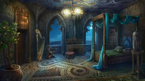 Palace Bedroom Fantasy Art, Elven Bedroom Concept Art, Acotar Bedroom Aesthetic, Concept Art Bedroom, Fantasy Bedroom Medieval, Magic Classroom Fantasy Art, Royal Bedroom Concept Art, Fantasy House Interior Art, Fantasy Bath House