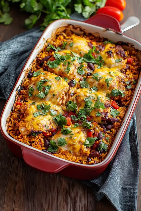 This Mexican Chicken and Rice Bake is the ultimate comfort food! Loaded with juicy chicken, fluffy rice, and smothered in melty cheese, it’s a one-pan wonder bursting with zesty Mexican flavors. Perfect for busy weeknights or a crowd-pleasing family dinner, this casserole will have everyone asking for seconds! #mexicanchicken #ricebake #chickencasserole #mexicanfood #onepandinner #comfortfood #easyrecipes #familydinner #weeknightdinner #cheesylove #casseroleideas #chickenandric Salsa Chicken Rice Casserole, Easy Mexican Chicken And Rice Casserole, Fast Weeknight Dinners Families, Mexican Chicken Rice Casserole, Mexican Chicken And Rice Casserole, Mexican Bake, Chicken Rice Bake, Mexican Rice Casserole, Mexican Comfort Food