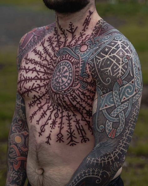 1. Epic Nordic tattoo design with two full sleeves & chest Nordic Tattoo Design, Nordic Tattoos, Tattoos Celtic, Celtic Sleeve Tattoos, Celtic Tattoos For Men, Deer Skull Tattoos, Full Chest Tattoos, Norse Mythology Tattoo, Pagan Tattoo