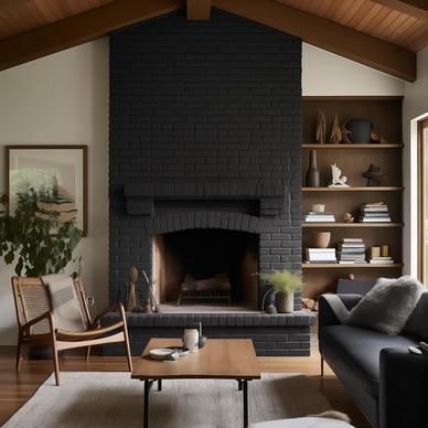 20 Black Brick Fireplace Designs: Striking Ideas To Inspire You Brick Fireplace Design, Black Fireplace Wall, Black Brick Fireplace, Brick Fireplace Wall, Wood Mantle Fireplace, Brown Bookcase, Grey Fireplace, Red Brick Fireplaces, Painted Brick Fireplace