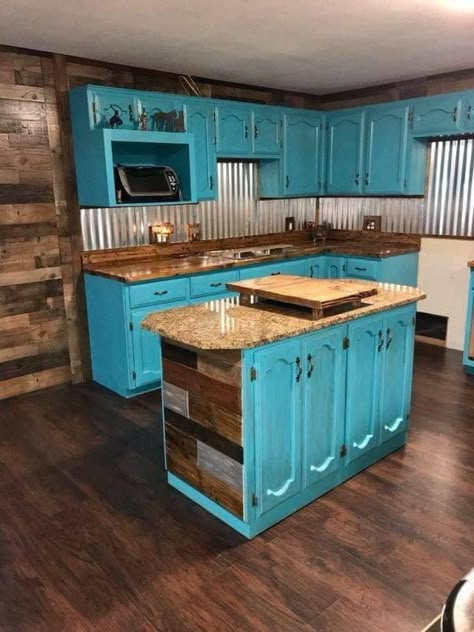 Turquoise And Wood Kitchen, Teal And Blue Kitchen, Turquoise Farmhouse Kitchen, Black And Turquoise Kitchen, Turquoise Rustic Kitchen, Boho Western Kitchen Cabinets, Turquoise Kitchen Cabinets Farmhouse, Turquoise Cabinets Kitchen, Rustic Turquoise Decor