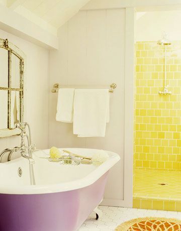 sadie + stella: Crushing color palette: lavender and yellow Yellow Bathroom Tiles, Yellow Bathroom Walls, Country Style Bathrooms, Yellow Bathroom Decor, Modern Small Bathrooms, Yellow Bathroom, Yellow Tile, Yellow Room, Country Bathroom