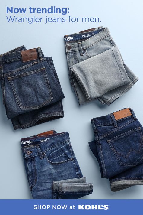 You can’t go wrong with great jeans. From a classic pair to something more stylish, Wrangler is the answer. They’re perfect if you’re in the market for work jeans, too. Shop Wrangler jeans for men and more at Kohl’s and Kohls.com. Plus, try Store Drive Up for online orders at select locations. #wranglerjeans #mensstyle Jeans Ads Creative, Denim Creative Ads, Jeans Promotion Design, Celana Jeans, Jeans Photography, Wrangler Jeans Vintage Poster, Classic Men's Cheap Jeans, Mens Wear Shop, Denim Photography