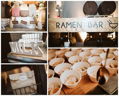 Fun Wedding Photoshoot with amazing signage and food bar. Ramen, Cookies and Milk! Ramen Bar At Wedding, Instant Ramen Bar Wedding, Ramen Wedding, Naruto Wedding Theme, Ramen Bar Ideas, Ramen Noodle Bar Party, Ramen Bar Party, Ramen Bar Wedding, Anime Wedding Ideas