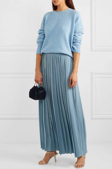 The Row Wool And Cashmere-blend Sweater - Blue #Sponsored , #Ad, #Cashmere#Wool#Row Light Blue Pleated Skirt Outfit, Blue Pleated Skirt Outfit, Light Summer Wardrobe, Blue Skirt Outfit, Fall Fashion Comfy, Hijabi Summer Outfits, Blue Skirt Outfits, Modest Top, Hijabi Outfit