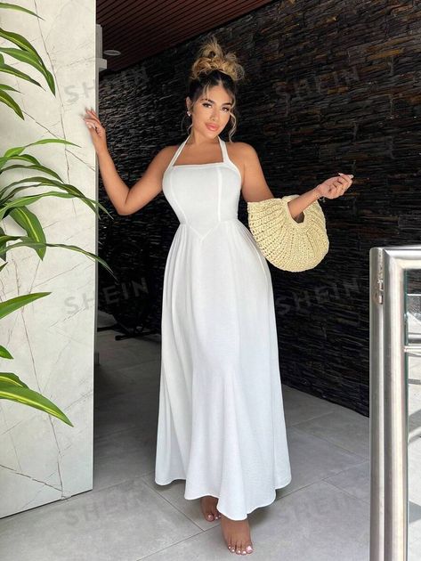 SHEIN SXY Loose-Fit Sleeveless Dress With A-Line Silhouette, Empire Waist, And Backless Design | SHEIN USA White Vacation Dress, White Strap Dress, Alumni Reunion, Reunion Outfit, Plus Size Baddie Outfits, Backless Design, White Maxi, Vacation Dresses, Women Long Dresses