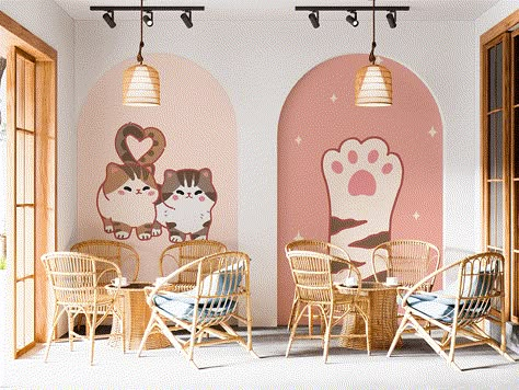 Neko Cafe - Branding :: Behance Cat Cafe Design Coffee Shop, Cat Cafe Ideas Coffee Shop, Cat Cafe Interior Design, Cat Cafe Design, Cafe Shop Drawing, Japanese Cat Cafe, Cat Cafe Aesthetic, Cat Cafe Interior, Coffee Shop Design Interior