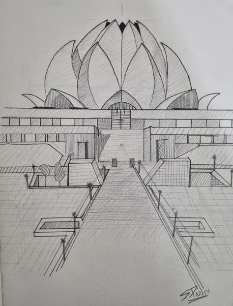 One point perspective... Perspective Art One Point, Lotus Temple Sketch, 1 Pt Perspective Drawing, Lotus Temple Drawing, One Point Perspective Sketch, Monuments Drawing, Temples Drawing, Perspectives Drawing, Buildings Sketch Architecture