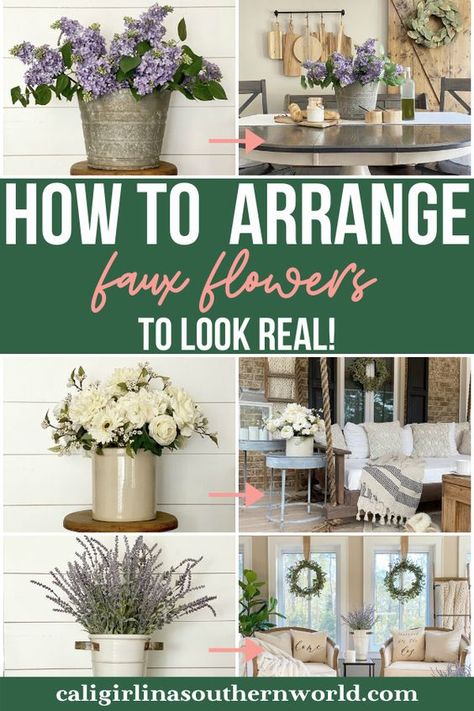 Farmhouse Faux Flower Arrangements, How To Display Flowers, Early Spring Flower Arrangements, Home Floral Arrangements Decor, Faux Plant Arrangements, Vase With Artificial Flowers Decor, Floral Arrangements For Home Artificial, Arranging Fake Flowers, Fake Plant Arrangements