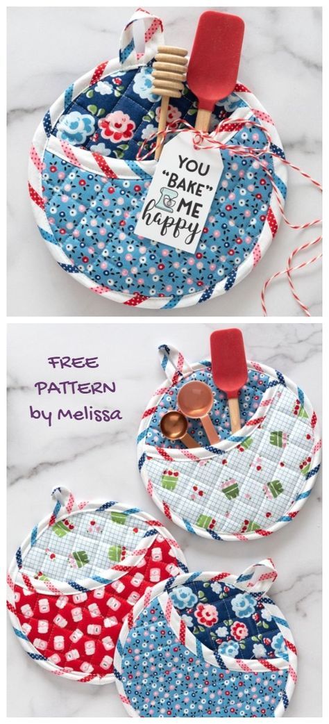 Free Small Sewing Patterns, Free Quilted Potholder Patterns, Round Pot Holders Patterns, Free Potholder Patterns Sewing Quilted Potholders, Kitchen Sewing Patterns, Sewing Potholders Free Pattern, Easy Quilted Gifts, Sewing Projects For The Kitchen, Round Quilt Patterns