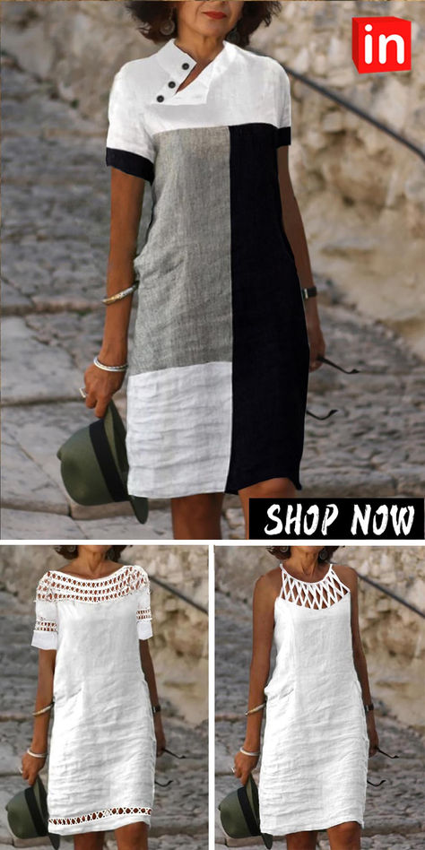 Women's Cotton Linen Dress Casual Dress Shift Dress Midi Dress Cotton Blend Modern Casual Daily Vacation V Neck Patchwork Button Short Sleeve Summer Spring 2023 Regular Fit White Color Block S M L XL Shift Dress Outfit, Linen Dress Casual, Grunge Outfits Winter, Printed Dresses Fashion, Fall Winter Dress, Sewing Top, Casual Chic Spring, Diy Clothes Refashion, Wedding Apparel