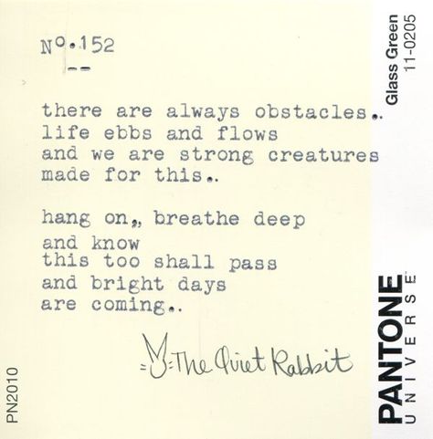 There are always obstacles. Life ebbs and flows and we are strong creatures made for this. Hang on, breath deep, and know this too shall pass and bright days are coming. Rabbit Quotes, Rose Sister, Color My World, This Too Shall Pass, Quotes Life, The Quiet, My World, Love Words, True Words