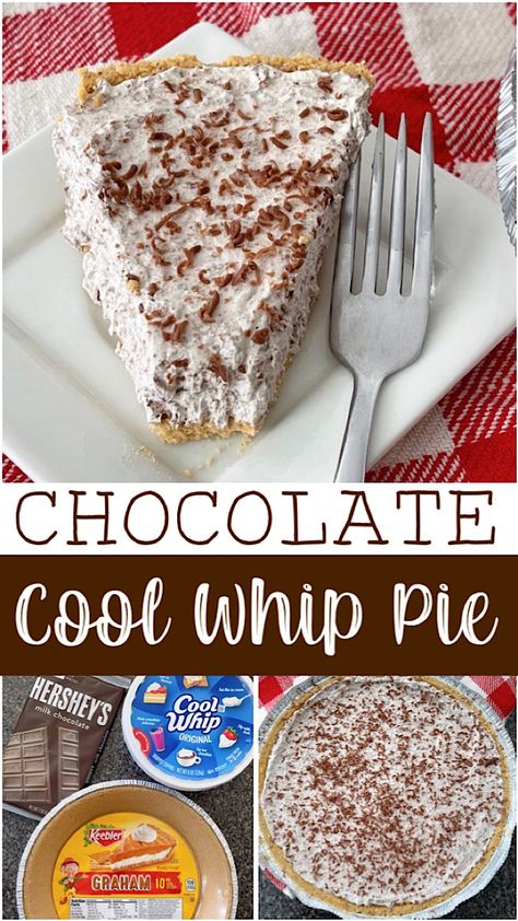 This easy no bake Chocolate Cool Whip Pie is made with only three ingredients, Cool Whip, melted chocolate, and a pre-made graham cracker crust. Customize it with your favorite toppings for a delicious treat. Easy Pie Dessert Recipes, Chocolate Whipped Pie, Healthy Snacks With Cool Whip, Chocolate Pie With Cool Whip, Whip Cream Pie Recipe, Tru Whip Recipes, Easy Cool Whip Pies, No Bake Pudding Pie Cool Whip, Pudding Pies With Graham Cracker Crust