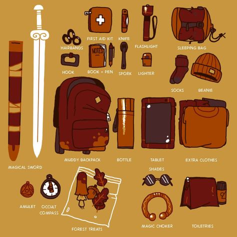 Adventure Pack Drawing, Character Inventory Art, Inventory Illustration, Inventory Drawing, Adventure Clothes Fantasy, Oc Inventory, Adventurer Oc, Fantasy Adventurer Outfit, Character Inventory