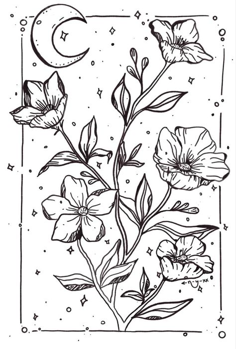 {blooming} Black And White Simple Illustration, Coloring Book Pages Flowers, Flower Drawings Black And White, Black And White Flower Line Art, Black And White Flower Sketch, Art Sketches Plants, Black Line Flowers, Witchy Flowers Drawing, Coloring Pages Aesthetic Flowers