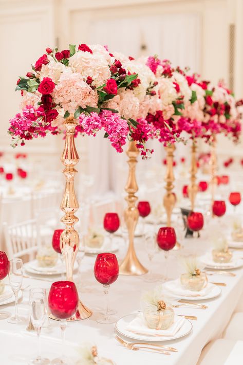 Pink Red And Gold Wedding Theme, Red Pink And Gold Quinceanera, Red And Pink Wedding Reception, Red Pink White Gold Wedding, Red Pink Gold Wedding, Red Pink And White Wedding Theme, Pink And Red Centerpieces, Pink Red And Gold Wedding, Red And Pink Bridesmaid Dresses